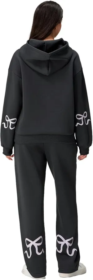2 Piece Lounge Sets for Women Fall Sweatsuits Bow Print Long Sleeve Crew Neck Wide Leg Sweatpants Matching Tracksuit