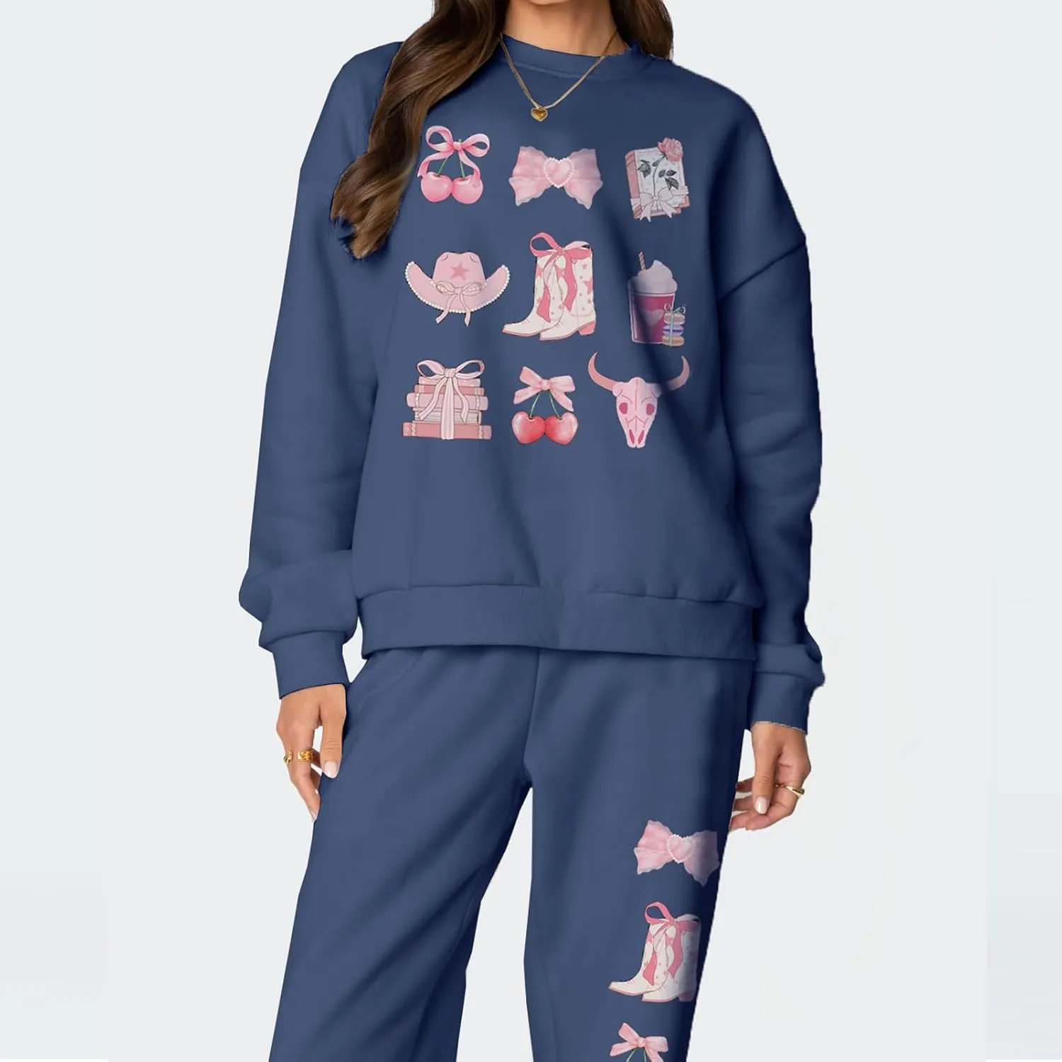 2 Piece Lounge Sets for Women Fall Sweatsuits Bow Print Long Sleeve Crew Neck Wide Leg Sweatpants Matching Tracksuit