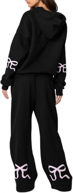 2 Piece Lounge Sets for Women Fall Sweatsuits Bow Print Long Sleeve Crew Neck Wide Leg Sweatpants Matching Tracksuit