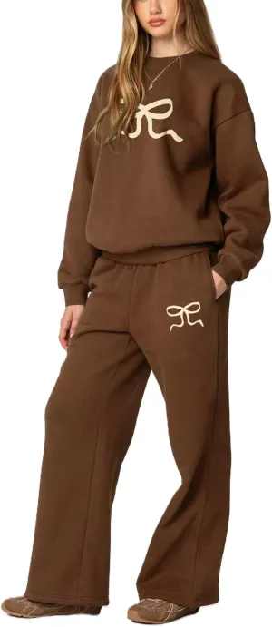2 Piece Lounge Sets for Women Fall Sweatsuits Bow Print Long Sleeve Crew Neck Wide Leg Sweatpants Matching Tracksuit