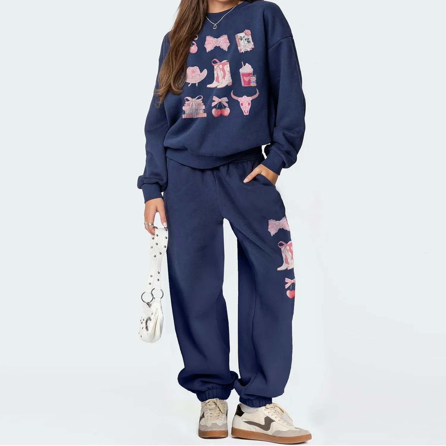 2 Piece Lounge Sets for Women Fall Sweatsuits Bow Print Long Sleeve Crew Neck Wide Leg Sweatpants Matching Tracksuit