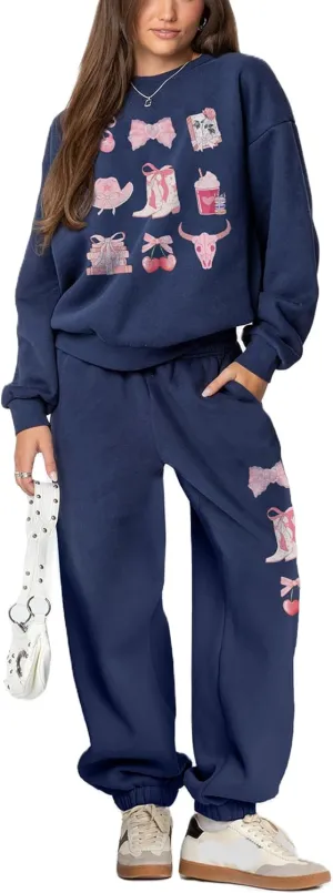 2 Piece Lounge Sets for Women Fall Sweatsuits Bow Print Long Sleeve Crew Neck Wide Leg Sweatpants Matching Tracksuit