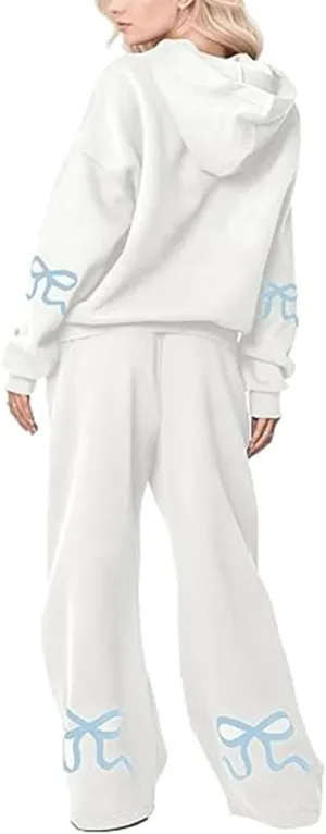 2 Piece Lounge Sets for Women Fall Sweatsuits Bow Print Long Sleeve Crew Neck Wide Leg Sweatpants Matching Tracksuit