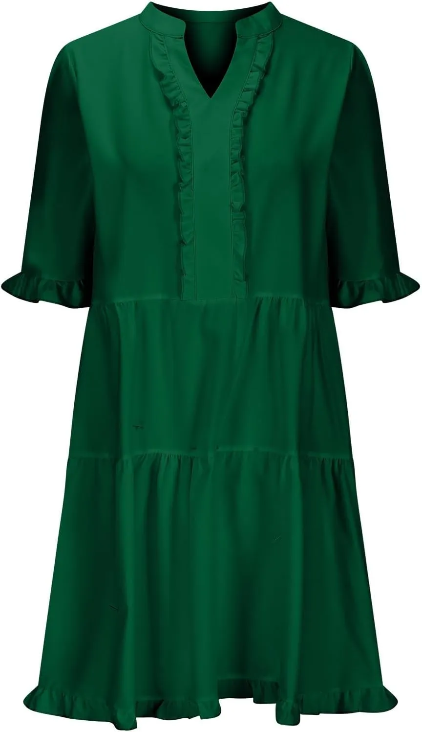 2025 Women Dresses Spring Summer V Neck Ruffle Short Sleeve Casual A-Line Flowy Dress Babydoll Shift Dress Mini Dress