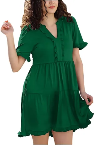 2025 Women Dresses Spring Summer V Neck Ruffle Short Sleeve Casual A-Line Flowy Dress Babydoll Shift Dress Mini Dress