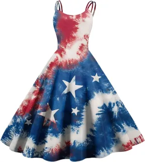 4th of July Womens Dresses Spaghetti Strap American Flag Print Midi Dress 2025 Trendy Summer Vintage Sundress Swing