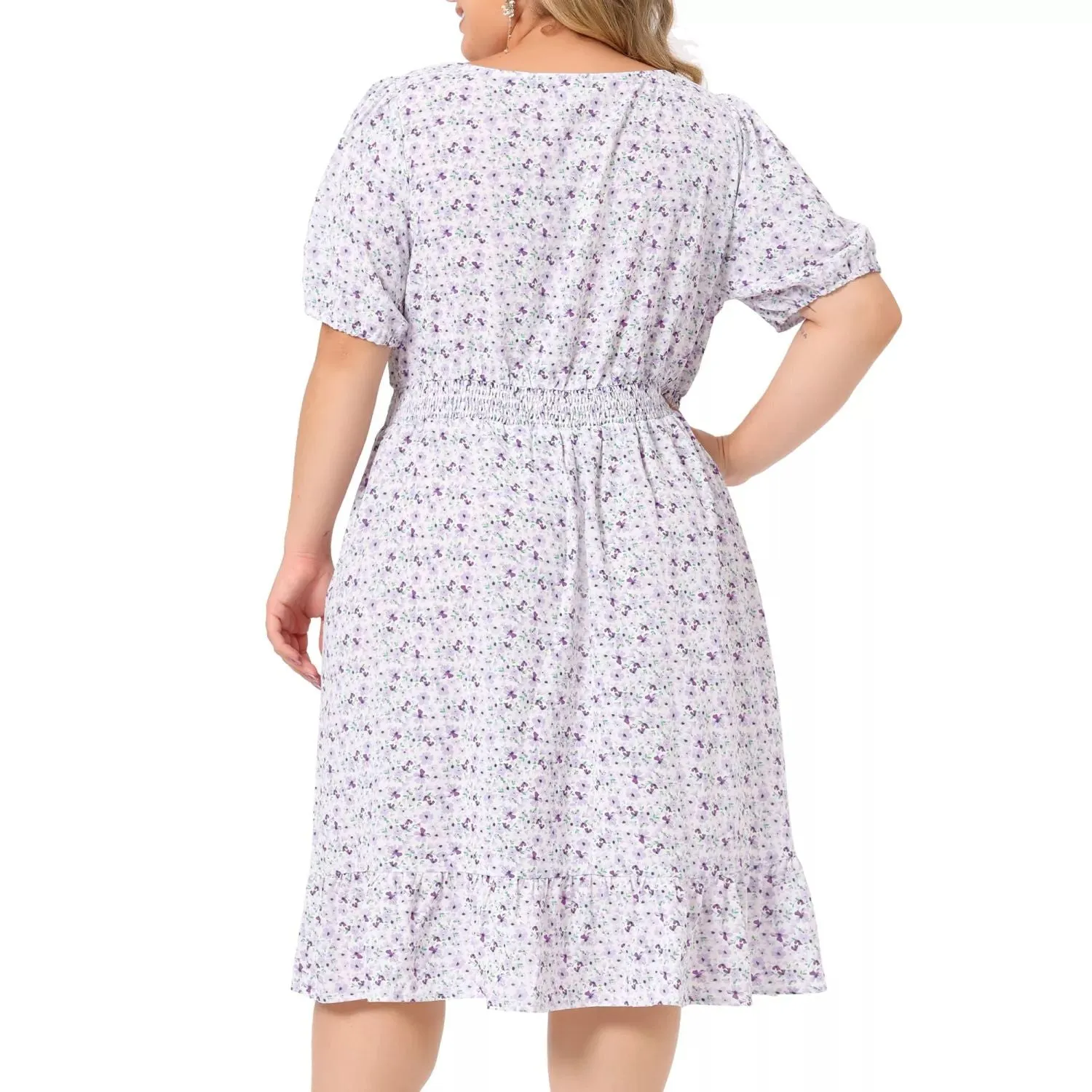 Agnes Orinda Women's Plus Size Ruffle Smocked Waist Floral Midi Shirt Dress ,  violet