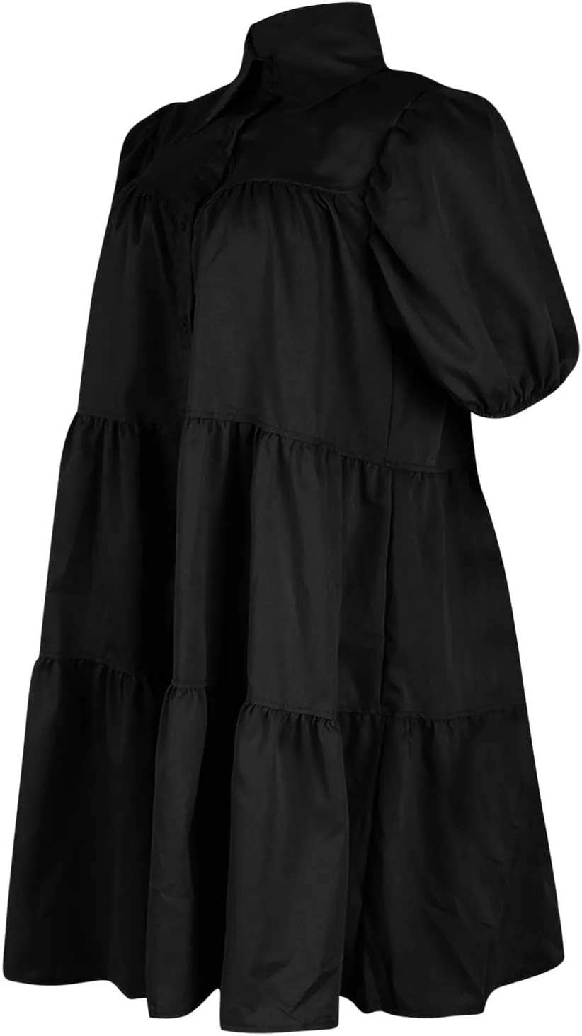 Akklian Womens Cute Babydoll Dresses Casual Loose Puff Sleeve Ruffle Button Down Pleated Shirt Dress Trendy Summer Mini Dress
