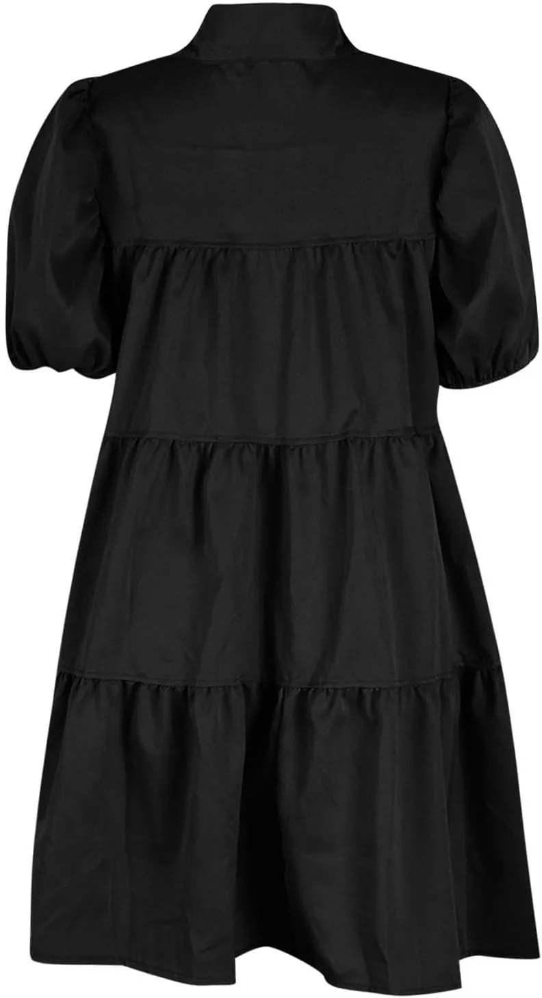 Akklian Womens Cute Babydoll Dresses Casual Loose Puff Sleeve Ruffle Button Down Pleated Shirt Dress Trendy Summer Mini Dress