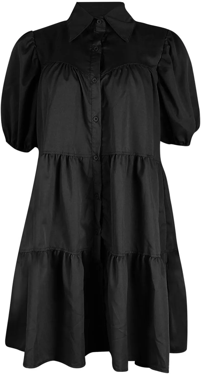 Akklian Womens Cute Babydoll Dresses Casual Loose Puff Sleeve Ruffle Button Down Pleated Shirt Dress Trendy Summer Mini Dress