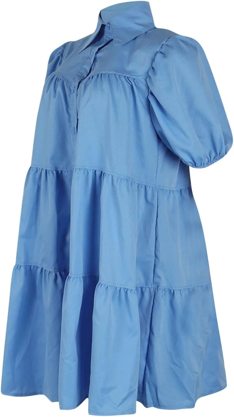 Akklian Womens Cute Babydoll Dresses Casual Loose Puff Sleeve Ruffle Button Down Pleated Shirt Dress Trendy Summer Mini Dress