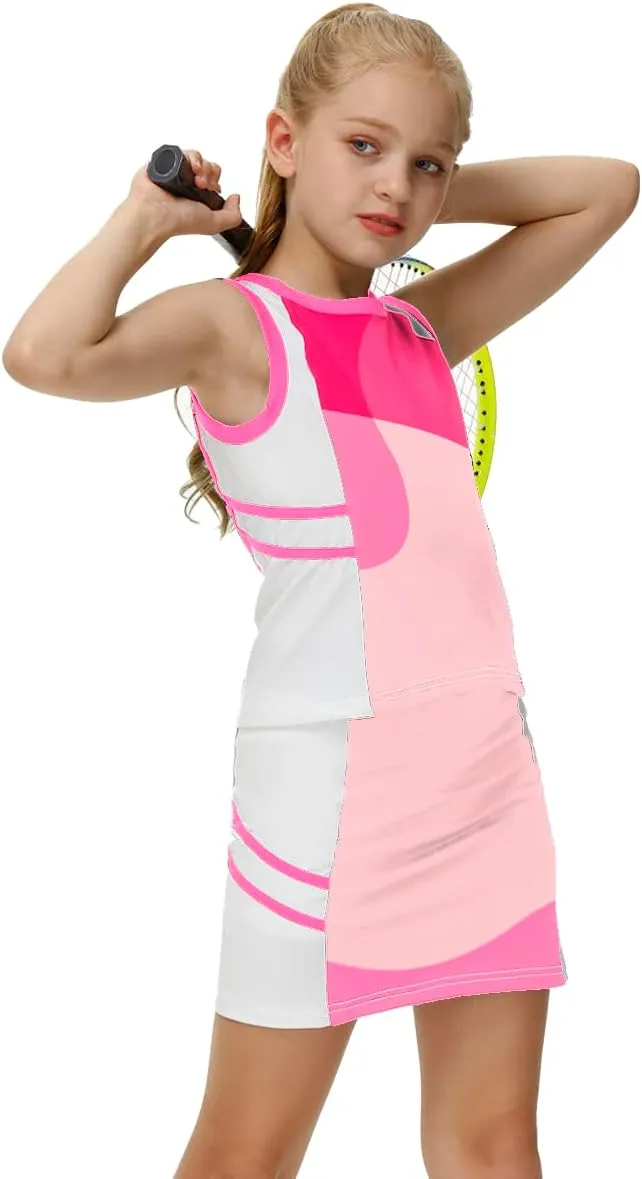 AOBUTE Girls Tennis Golf Outfit Tank Top and Skirt with Shorts Set 4-12 Years