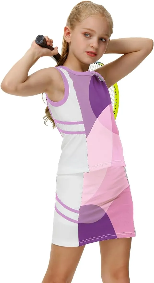 AOBUTE Girls Tennis Golf Outfit Tank Top and Skirt with Shorts Set 4-12 Years
