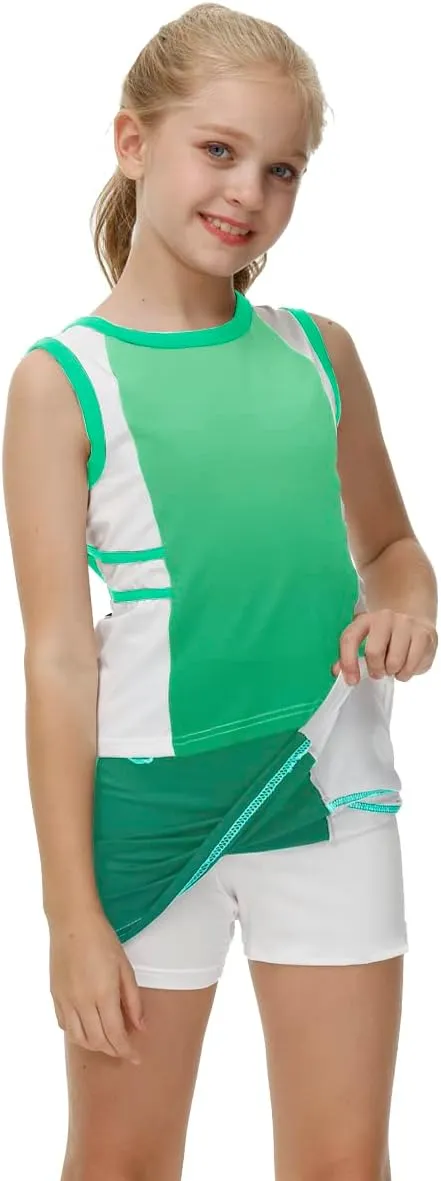AOBUTE Girls Tennis Golf Outfit Tank Top and Skirt with Shorts Set 4-12 Years