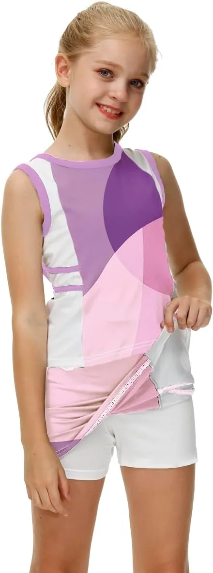 AOBUTE Girls Tennis Golf Outfit Tank Top and Skirt with Shorts Set 4-12 Years