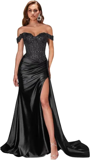 AUMEELAM Sparkly Sequin Off The Shoulder Prom Dress Lace Applique Mermaid Formal Evening Dresses with Slit