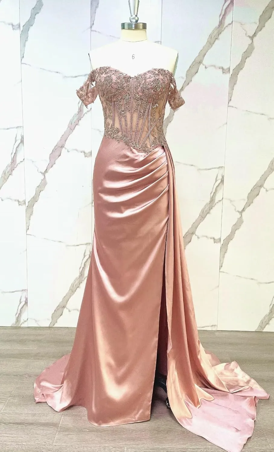 AUMEELAM Sparkly Sequin Off The Shoulder Prom Dress Lace Applique Mermaid Formal Evening Dresses with Slit