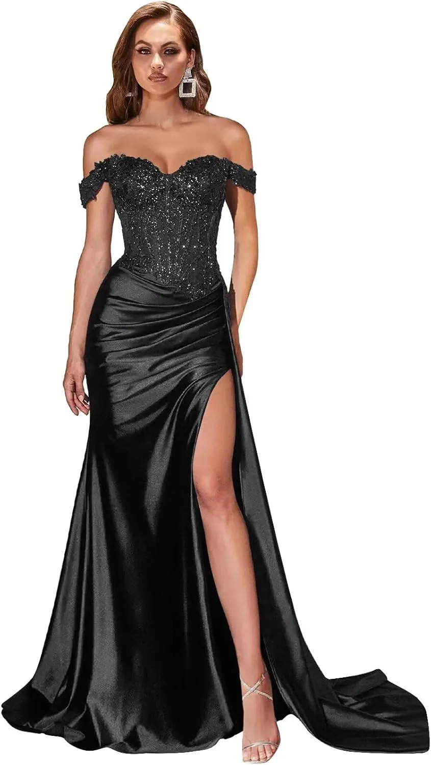AUMEELAM Sparkly Sequin Off The Shoulder Prom Dress Lace Applique Mermaid Formal Evening Dresses with Slit