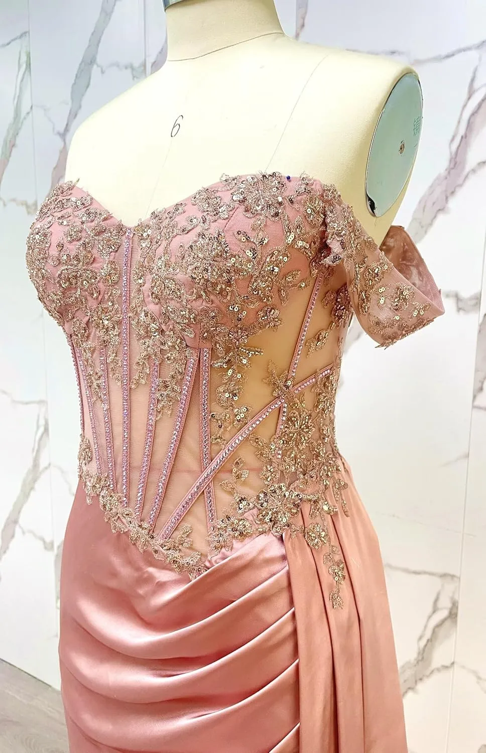 AUMEELAM Sparkly Sequin Off The Shoulder Prom Dress Lace Applique Mermaid Formal Evening Dresses with Slit