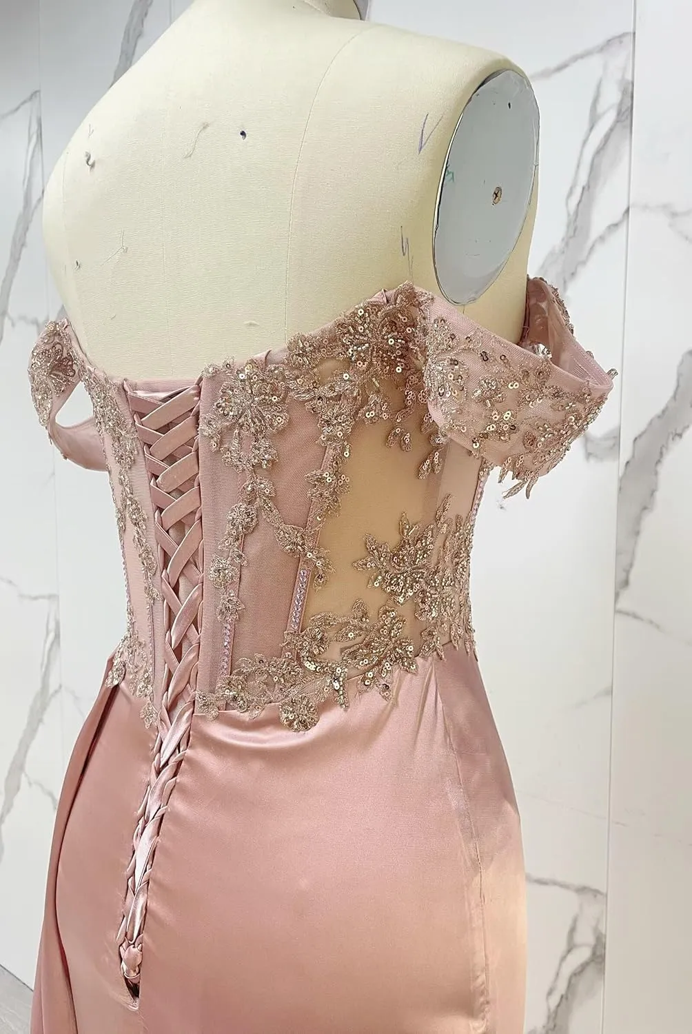 AUMEELAM Sparkly Sequin Off The Shoulder Prom Dress Lace Applique Mermaid Formal Evening Dresses with Slit