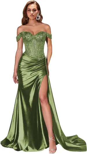 AUMEELAM Sparkly Sequin Off The Shoulder Prom Dress Lace Applique Mermaid Formal Evening Dresses with Slit