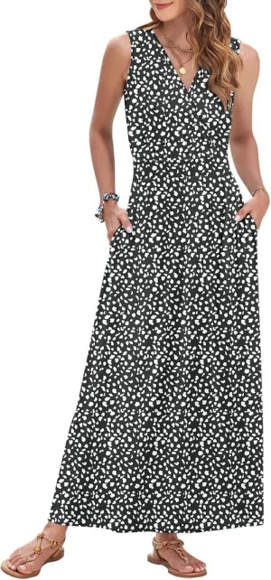AUSELILY Women's Maxi Dress 2025 Summer Casual Sleeveless Sundress V Neck Wrap Vacation Cocktail Long Dresses with Pockets