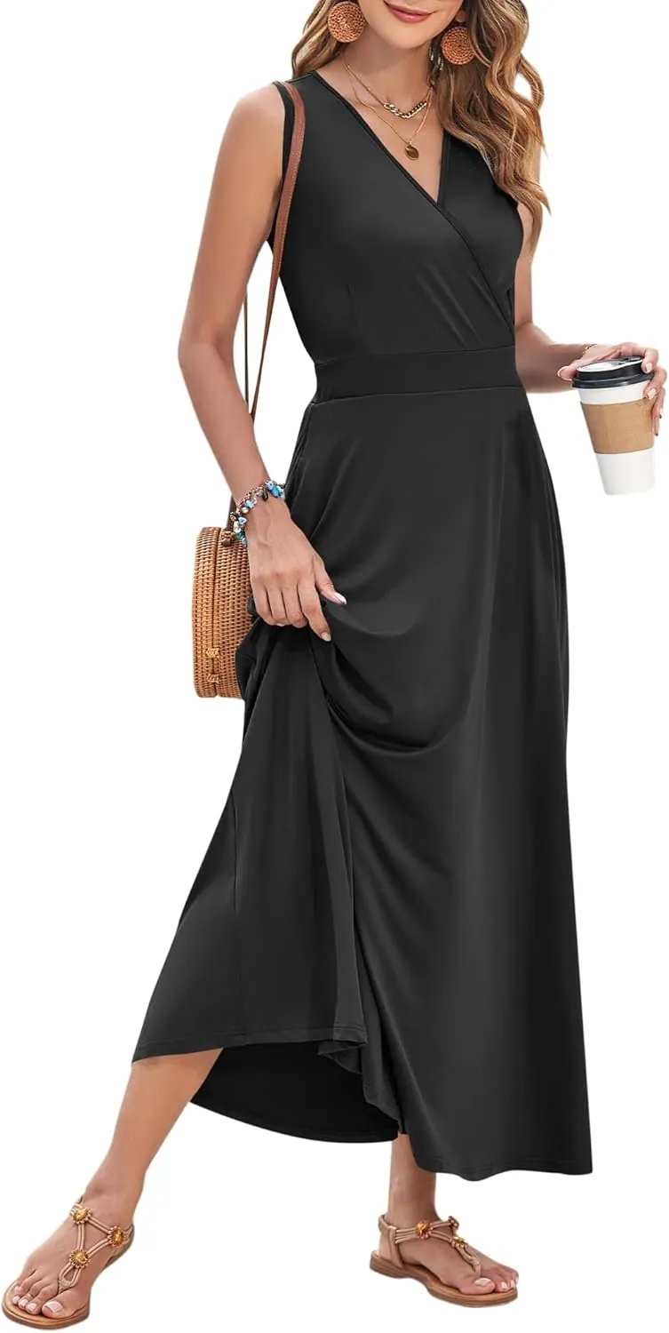 AUSELILY Women's Maxi Dress 2025 Summer Casual Sleeveless Sundress V Neck Wrap Vacation Cocktail Long Dresses with Pockets