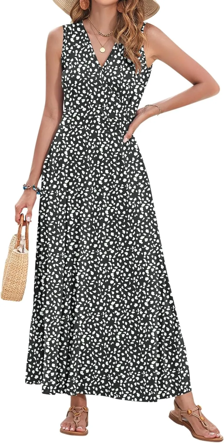 AUSELILY Women's Maxi Dress 2025 Summer Casual Sleeveless Sundress V Neck Wrap Vacation Cocktail Long Dresses with Pockets