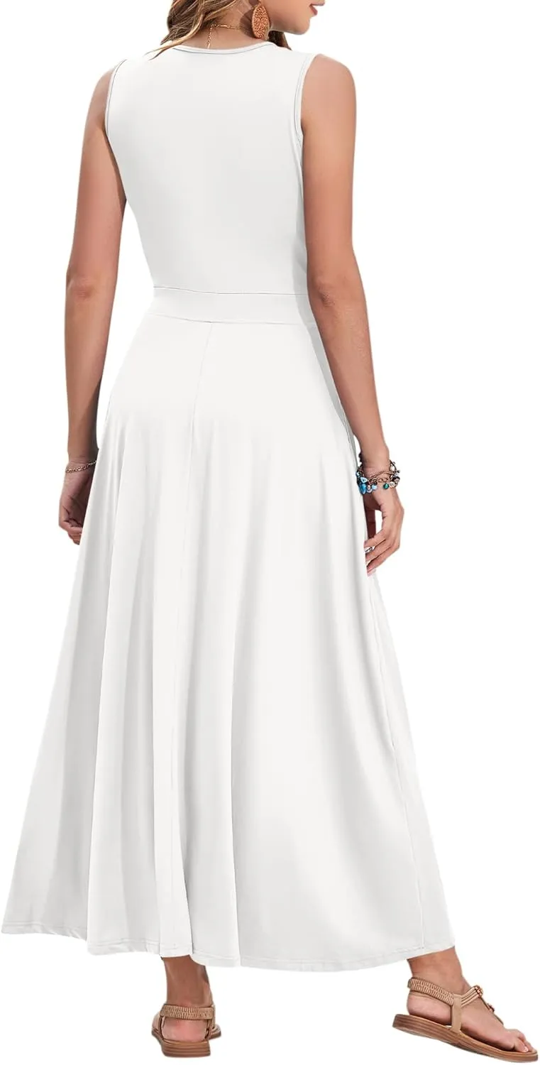 AUSELILY Women's Maxi Dress 2025 Summer Casual Sleeveless Sundress V Neck Wrap Vacation Cocktail Long Dresses with Pockets