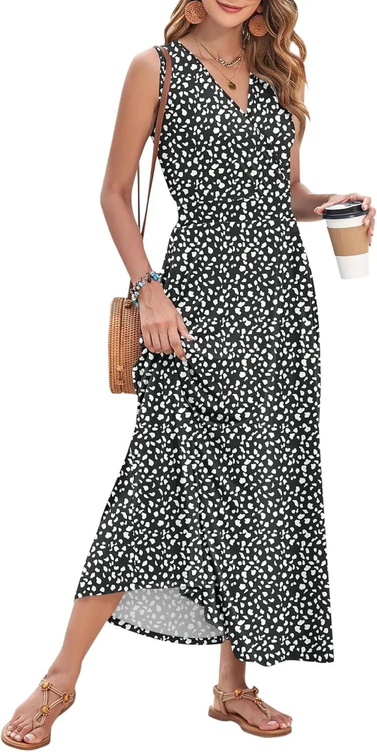 AUSELILY Women's Maxi Dress 2025 Summer Casual Sleeveless Sundress V Neck Wrap Vacation Cocktail Long Dresses with Pockets