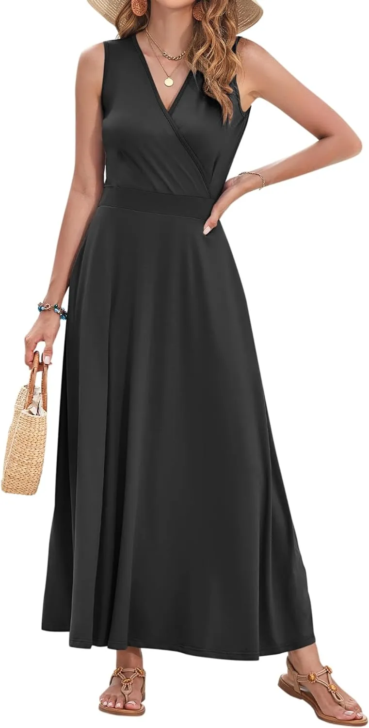 AUSELILY Women's Maxi Dress 2025 Summer Casual Sleeveless Sundress V Neck Wrap Vacation Cocktail Long Dresses with Pockets