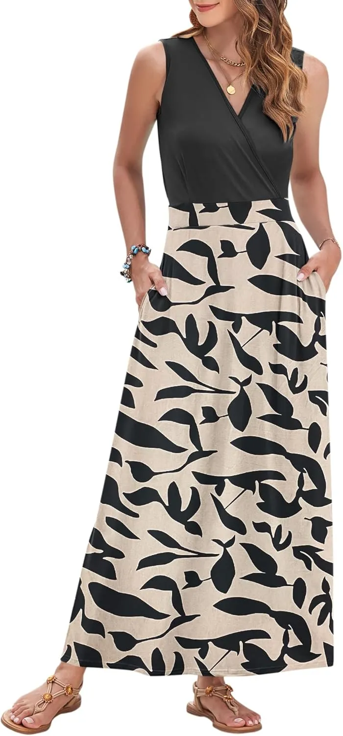 AUSELILY Women's Maxi Dress 2025 Summer Casual Sleeveless Sundress V Neck Wrap Vacation Cocktail Long Dresses with Pockets