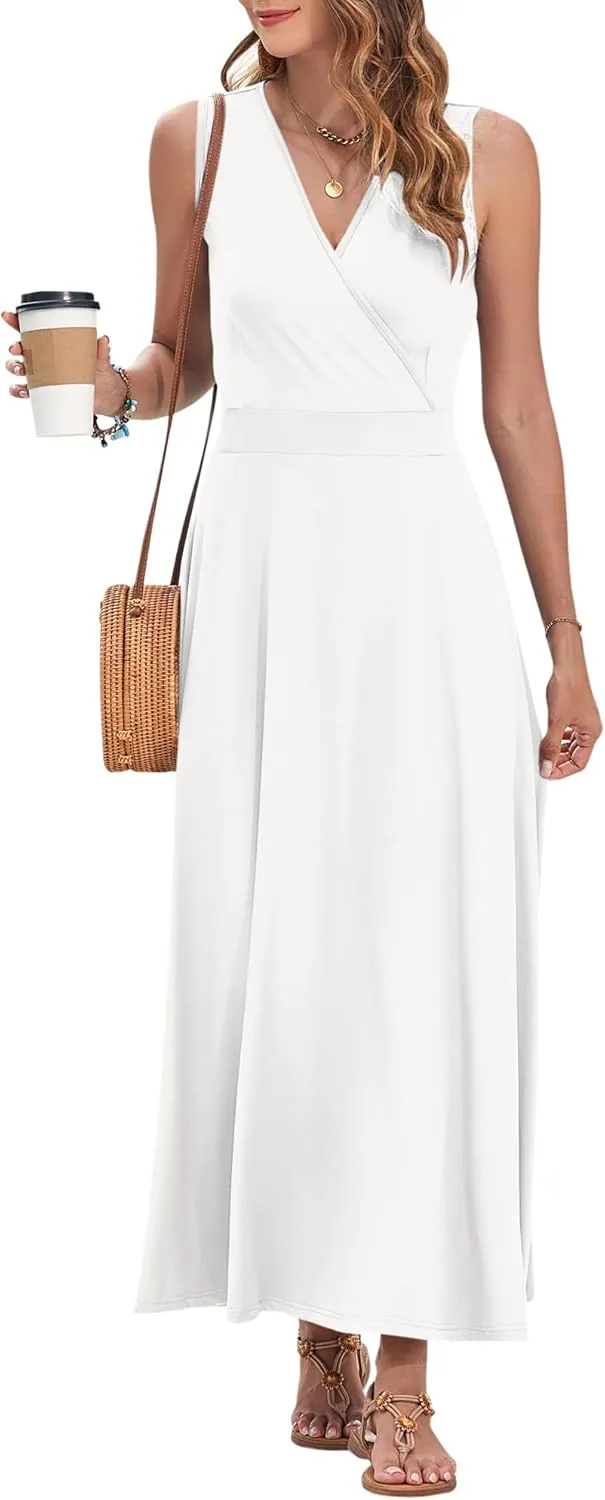 AUSELILY Women's Maxi Dress 2025 Summer Casual Sleeveless Sundress V Neck Wrap Vacation Cocktail Long Dresses with Pockets
