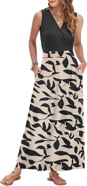 AUSELILY Women's Maxi Dress 2025 Summer Casual Sleeveless Sundress V Neck Wrap Vacation Cocktail Long Dresses with Pockets