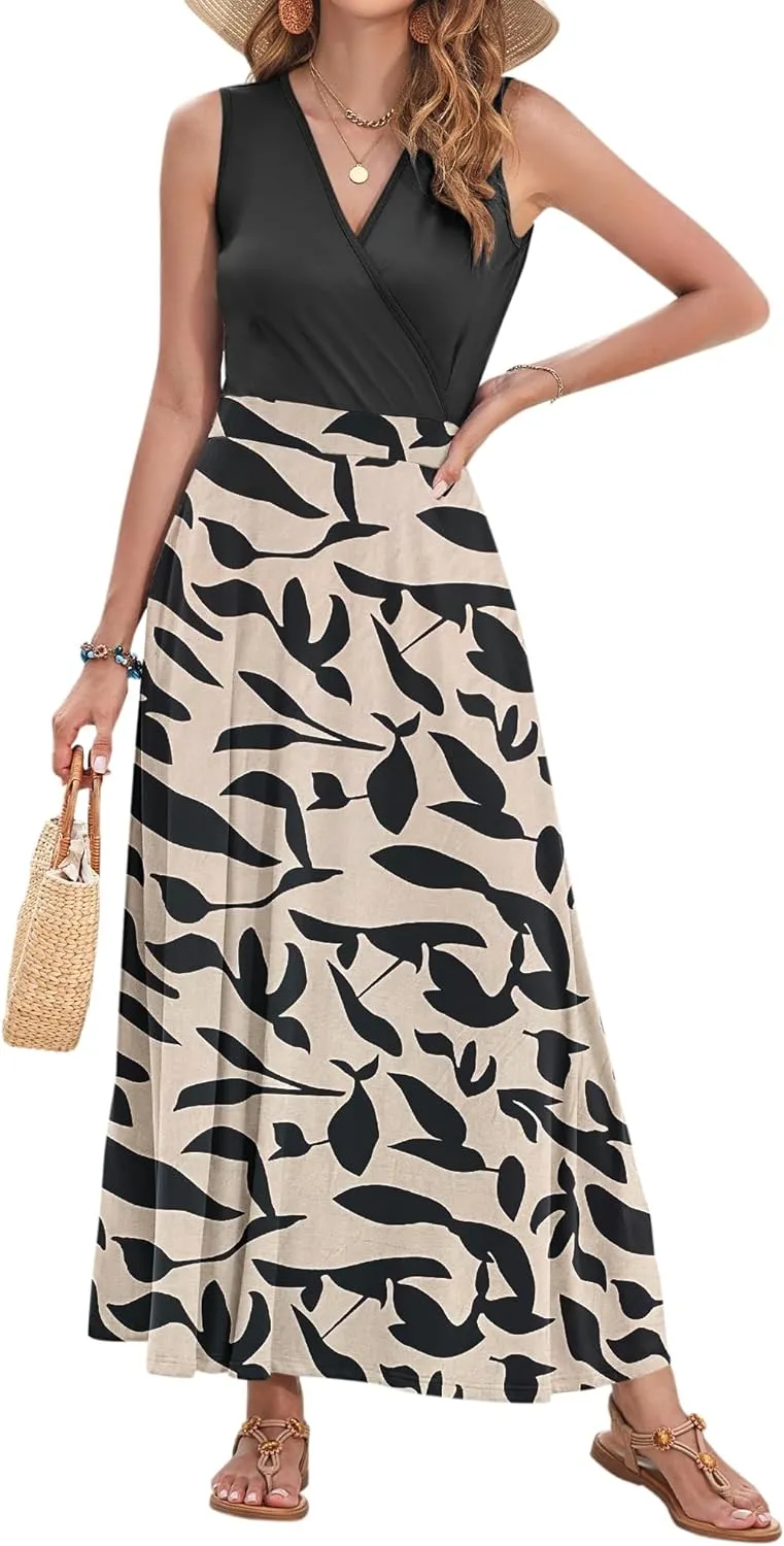 AUSELILY Women's Maxi Dress 2025 Summer Casual Sleeveless Sundress V Neck Wrap Vacation Cocktail Long Dresses with Pockets
