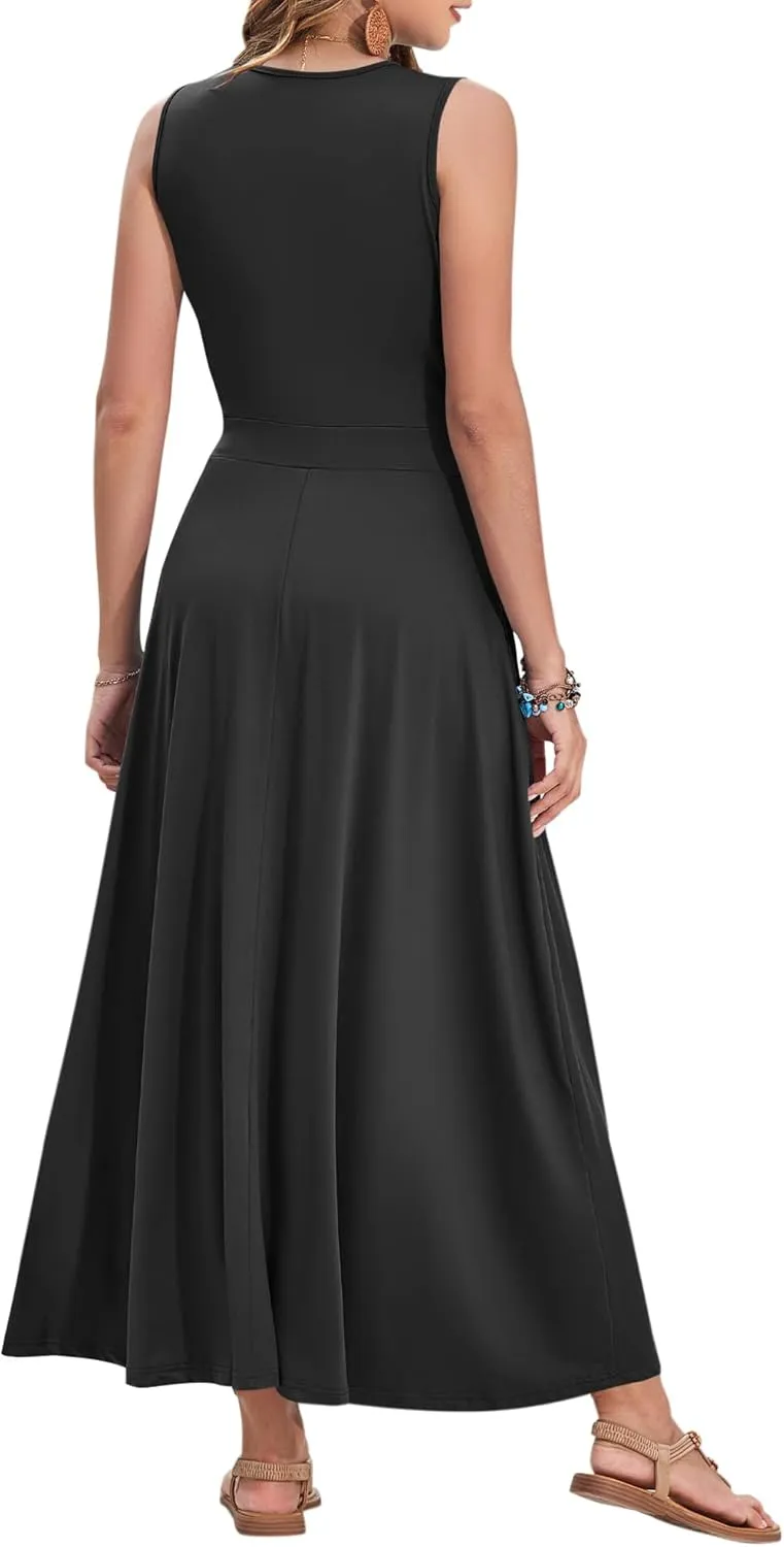 AUSELILY Women's Maxi Dress 2025 Summer Casual Sleeveless Sundress V Neck Wrap Vacation Cocktail Long Dresses with Pockets