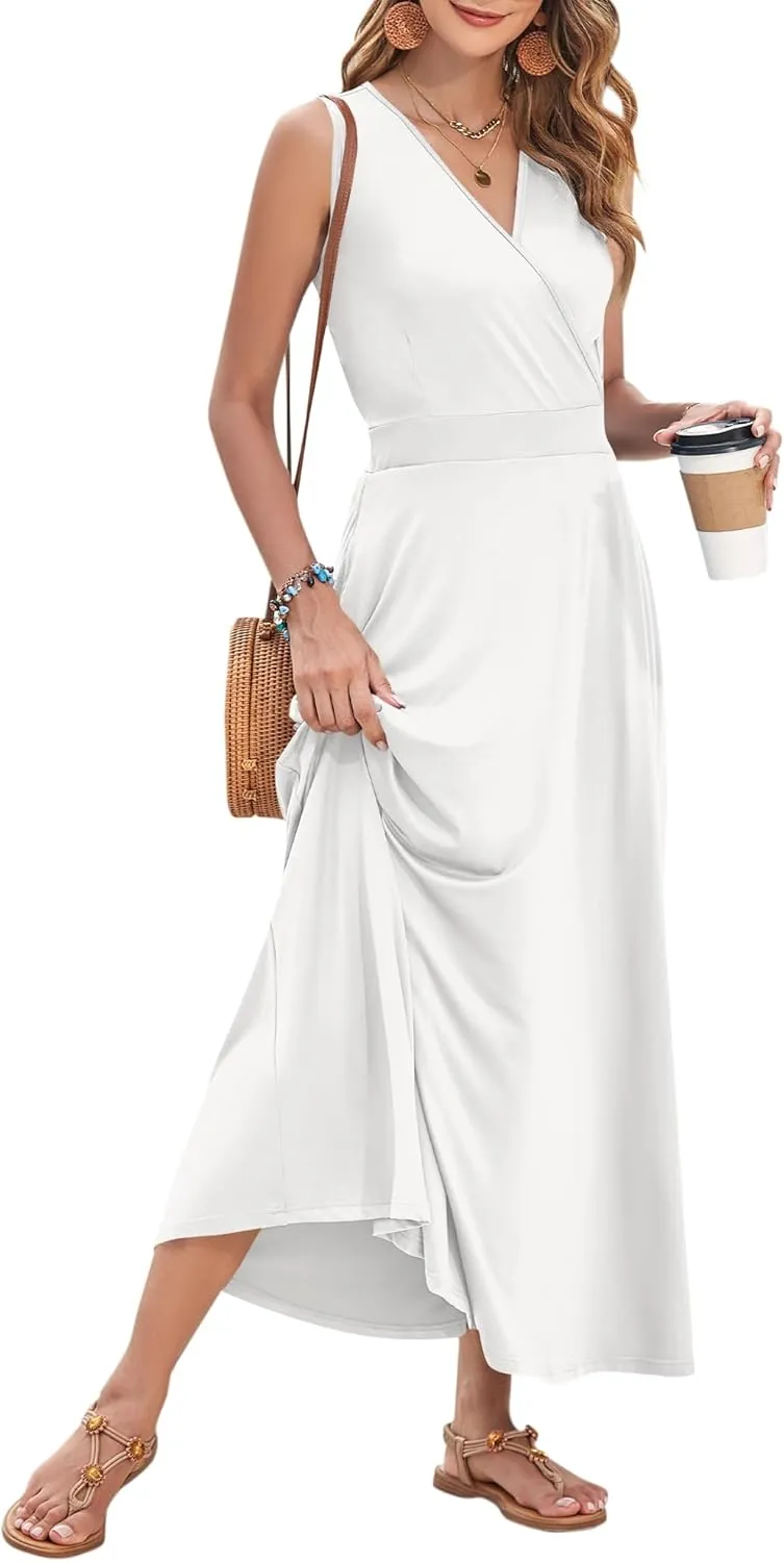 AUSELILY Women's Maxi Dress 2025 Summer Casual Sleeveless Sundress V Neck Wrap Vacation Cocktail Long Dresses with Pockets