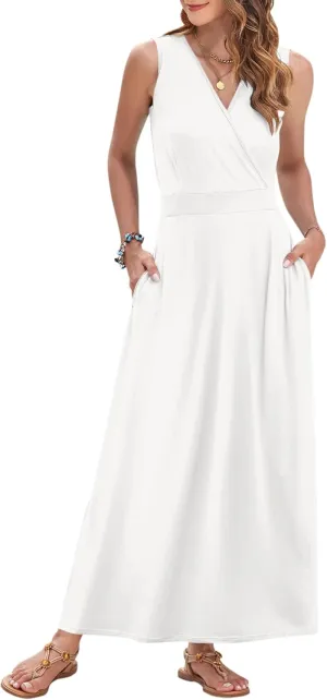 AUSELILY Women's Maxi Dress 2025 Summer Casual Sleeveless Sundress V Neck Wrap Vacation Cocktail Long Dresses with Pockets