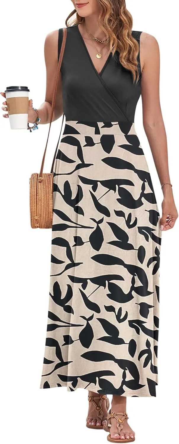 AUSELILY Women's Maxi Dress 2025 Summer Casual Sleeveless Sundress V Neck Wrap Vacation Cocktail Long Dresses with Pockets