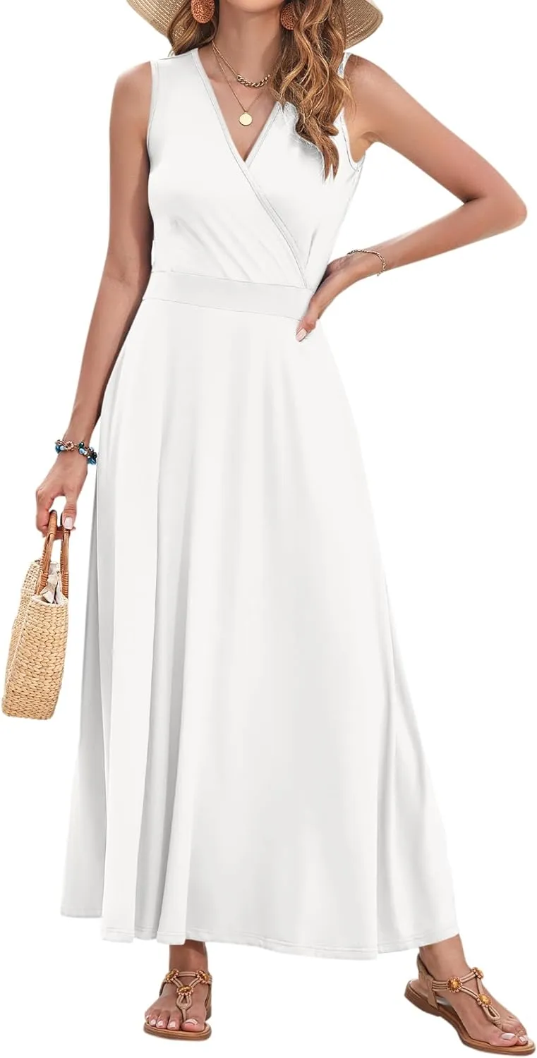 AUSELILY Women's Maxi Dress 2025 Summer Casual Sleeveless Sundress V Neck Wrap Vacation Cocktail Long Dresses with Pockets