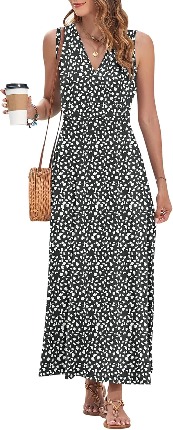 AUSELILY Women's Maxi Dress 2025 Summer Casual Sleeveless Sundress V Neck Wrap Vacation Cocktail Long Dresses with Pockets