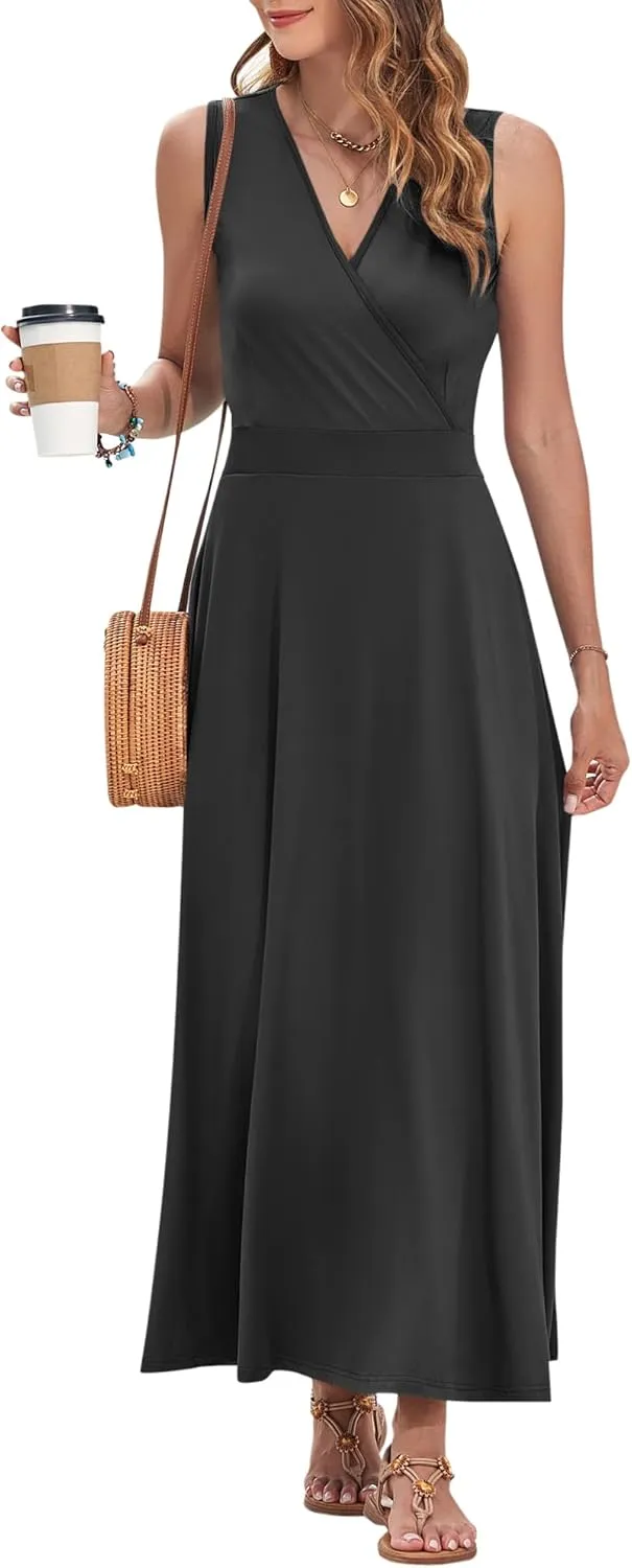 AUSELILY Women's Maxi Dress 2025 Summer Casual Sleeveless Sundress V Neck Wrap Vacation Cocktail Long Dresses with Pockets