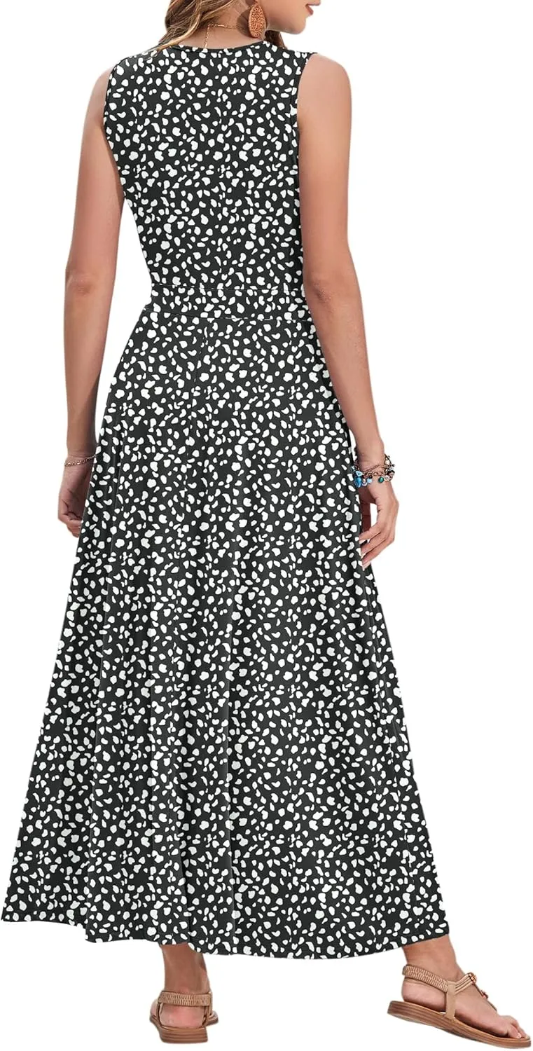 AUSELILY Women's Maxi Dress 2025 Summer Casual Sleeveless Sundress V Neck Wrap Vacation Cocktail Long Dresses with Pockets