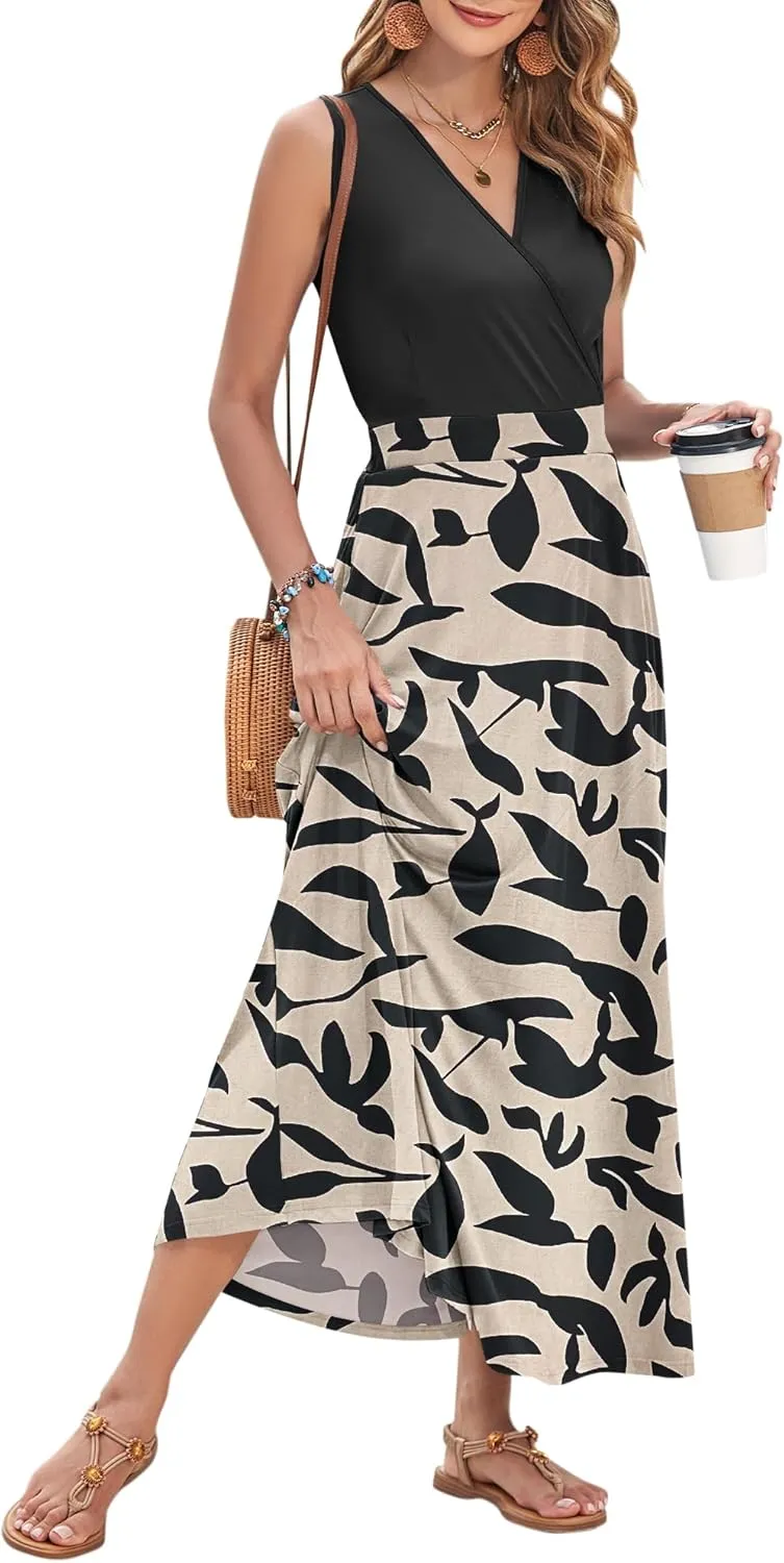 AUSELILY Women's Maxi Dress 2025 Summer Casual Sleeveless Sundress V Neck Wrap Vacation Cocktail Long Dresses with Pockets
