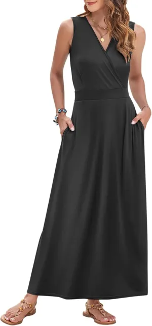 AUSELILY Women's Maxi Dress 2025 Summer Casual Sleeveless Sundress V Neck Wrap Vacation Cocktail Long Dresses with Pockets