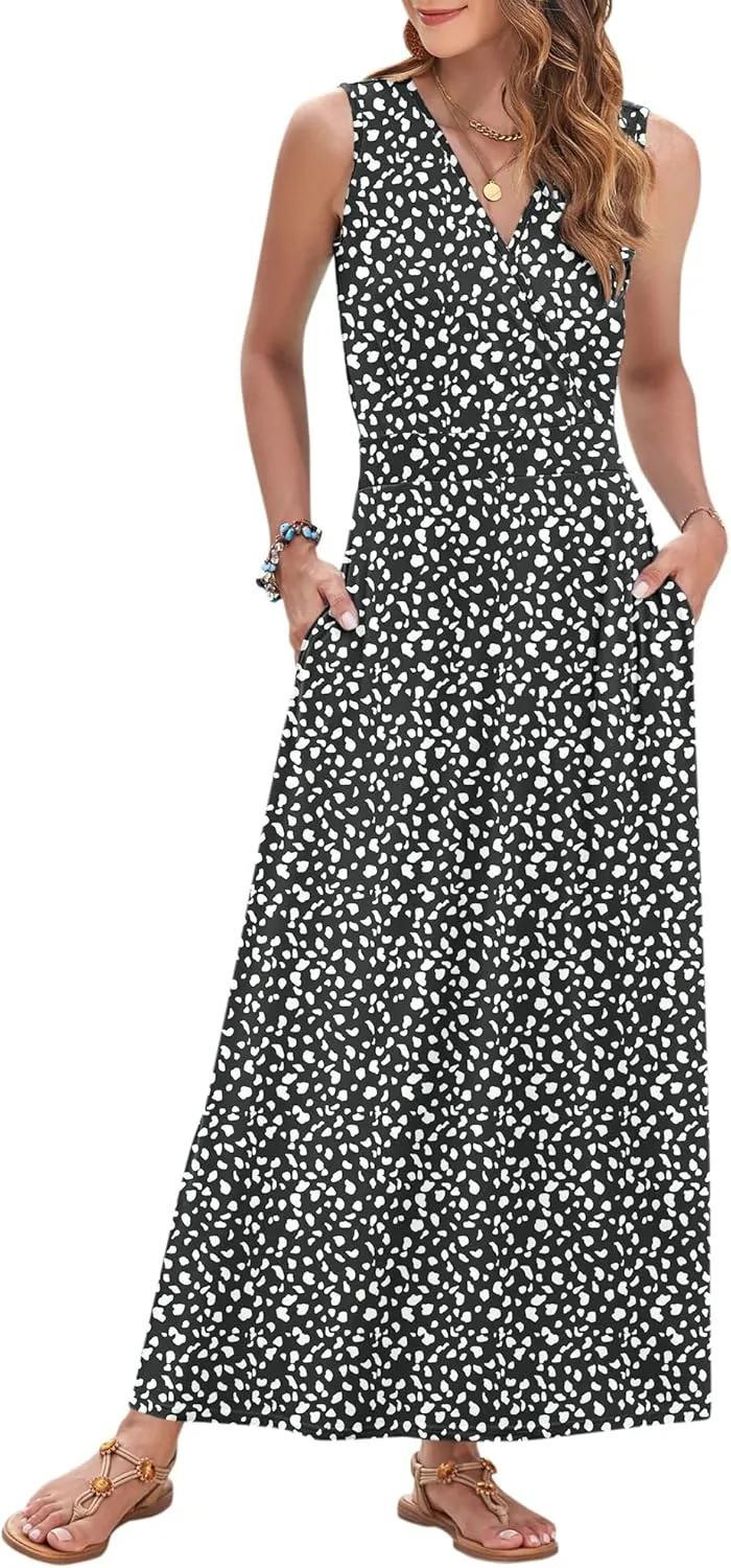 AUSELILY Women's Maxi Dress 2025 Summer Casual Sleeveless Sundress V Neck Wrap Vacation Cocktail Long Dresses with Pockets