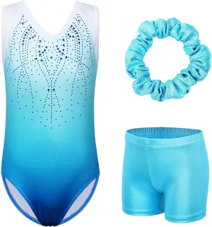 BAOHULU Gymnastics Leotards for Girls Glitter Dance Activewear with Matching Tumbling Shorts Set