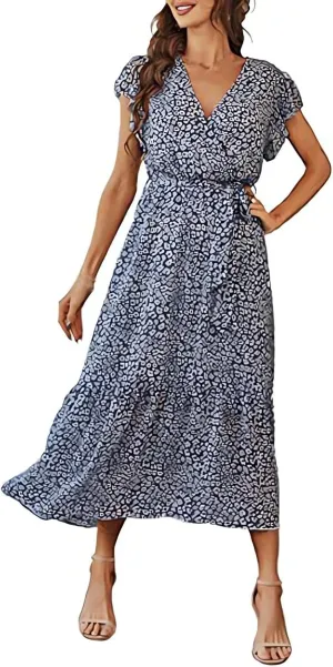 Beach Dresses for Women,2025 Spring Summer Trendy Floral Boho Dress,Elegant V Neck Flowy Ruched Vacation Maxidress