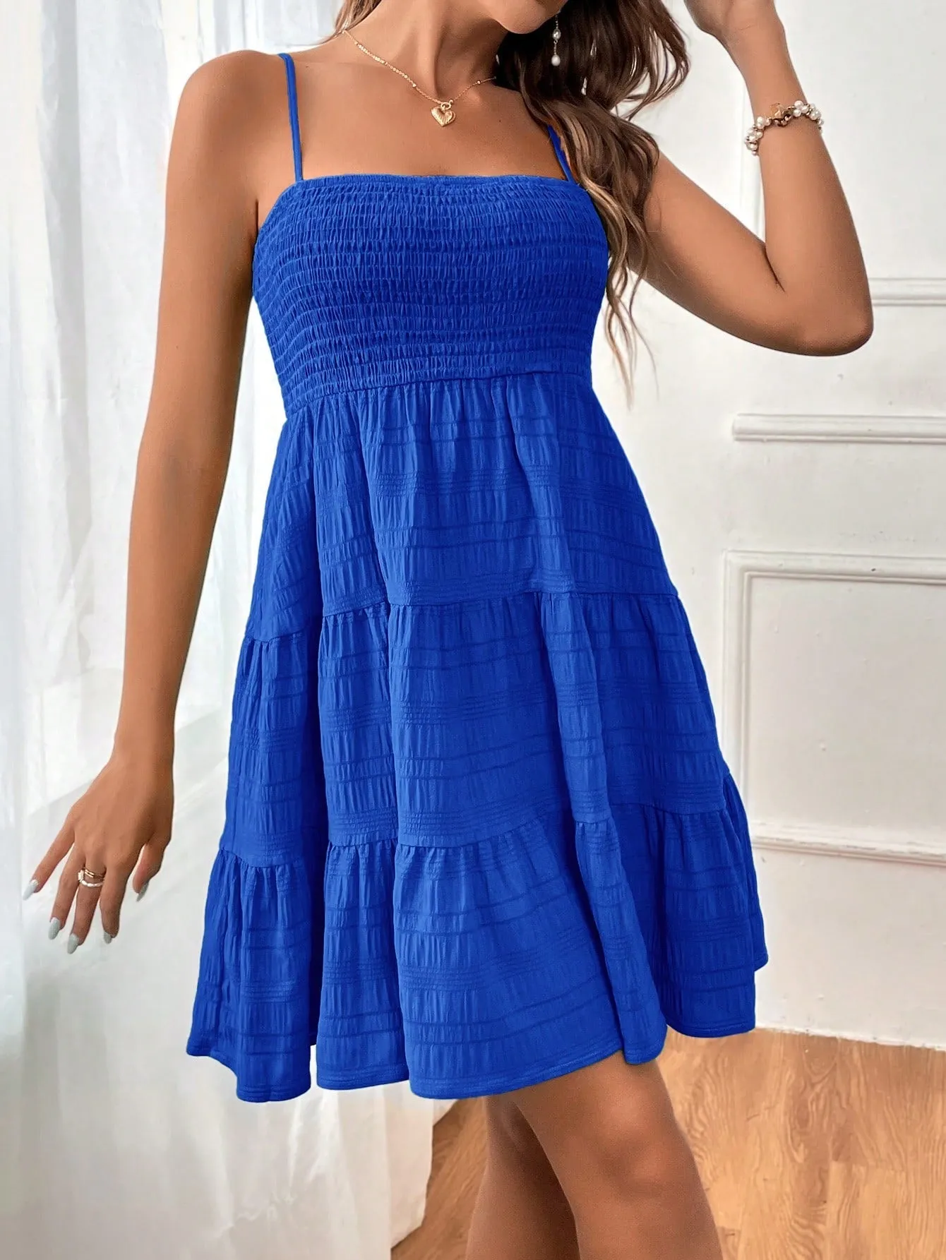 Boho Blue Ruffle Hem Cami Dress - Sleeveless, High Waist, Mini Length