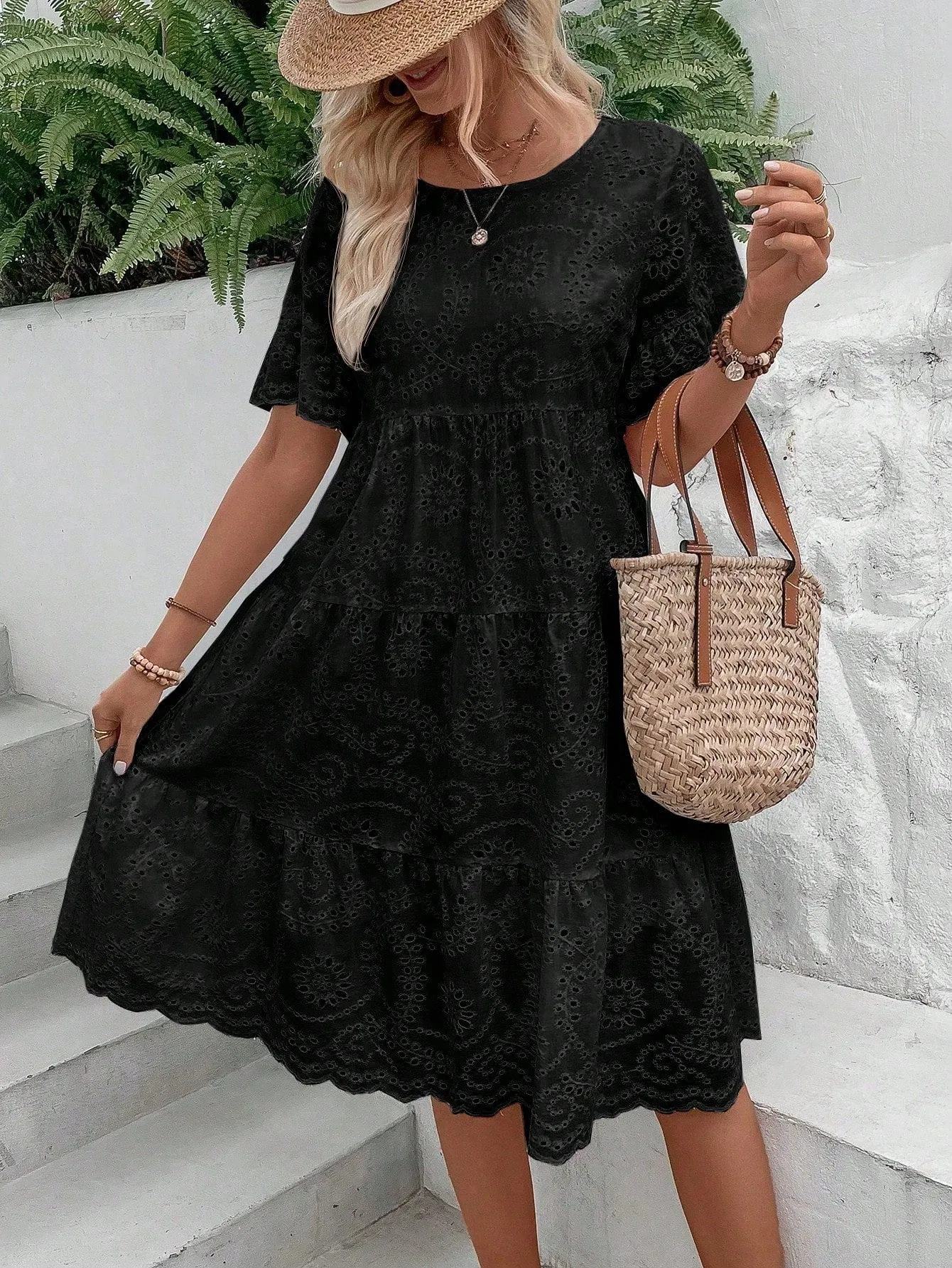 Boho Eyelet Embroidery Ruffle Hem Midi Dress - Short Sleeve, High Waist, Flounce Hem